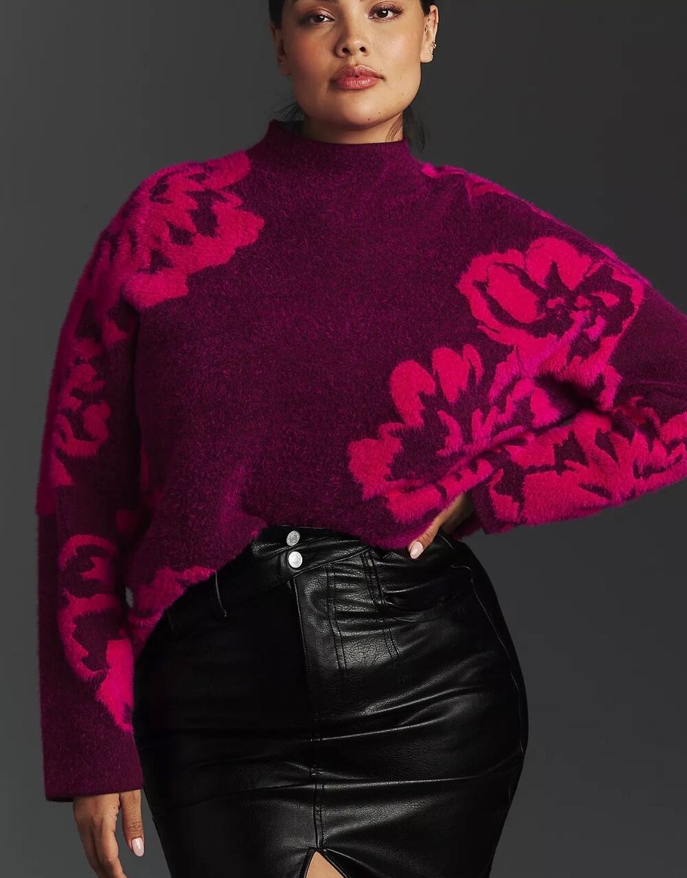 Anthropologie Mock-Neck Fuzzy Floral Sweater Pullover High Neck Soft Sz 2X